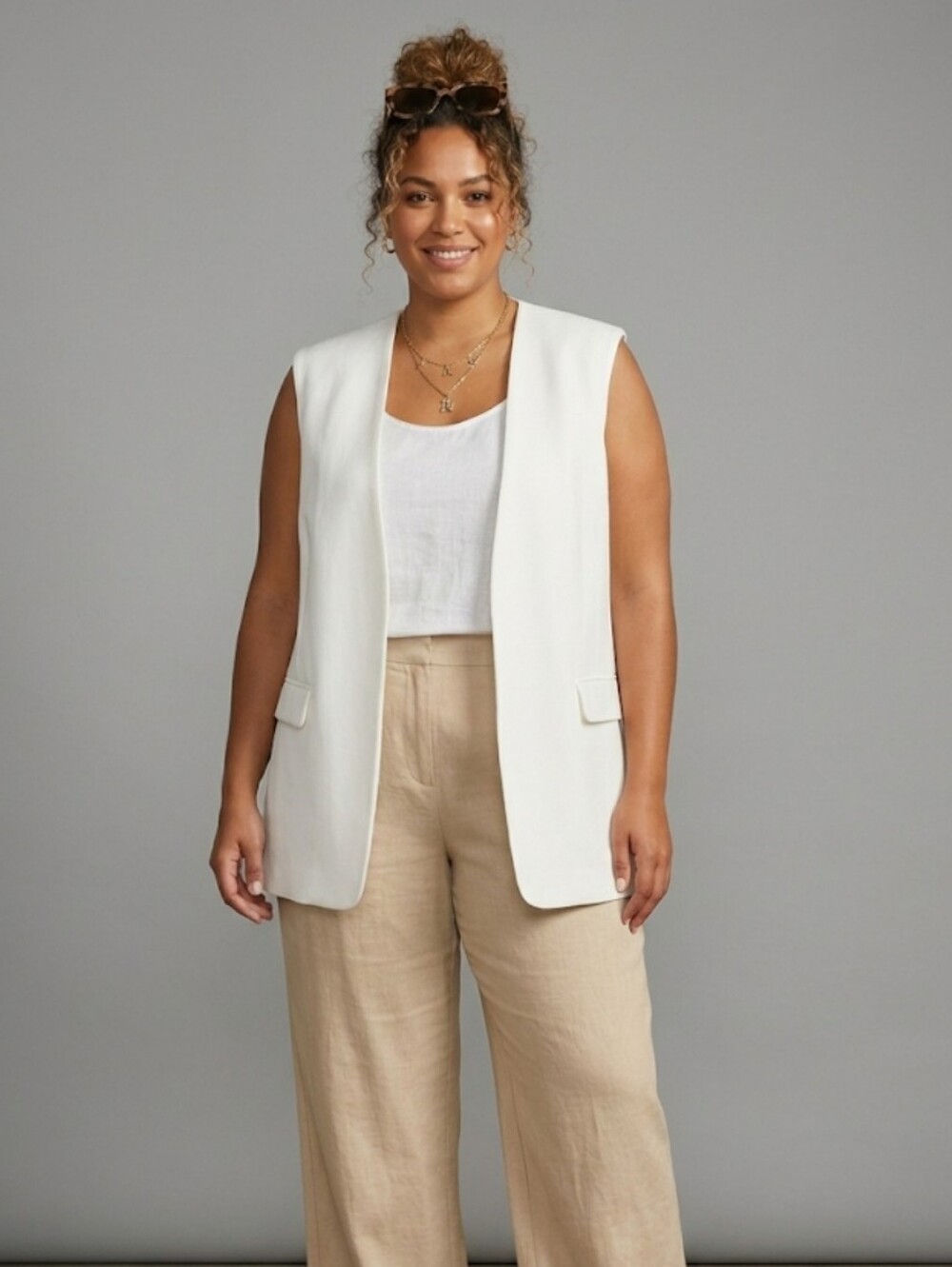 ADDITION ELLE Women's Size 24 NWT Off-White Open Front Tailored Longline Vest
